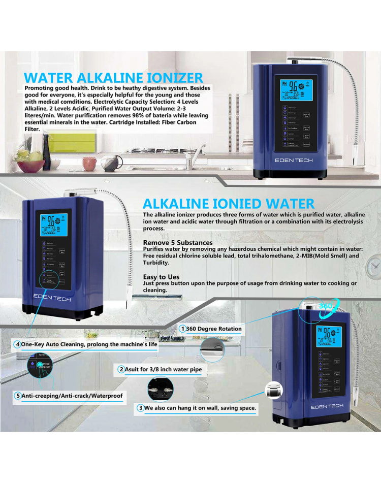 NEO EDEN TECH Alkaline Water Ionizer hydrogen generator Machine Purifier,Produces pH 3.5-10.5 Alkaline Acid water Water Filter system for Home