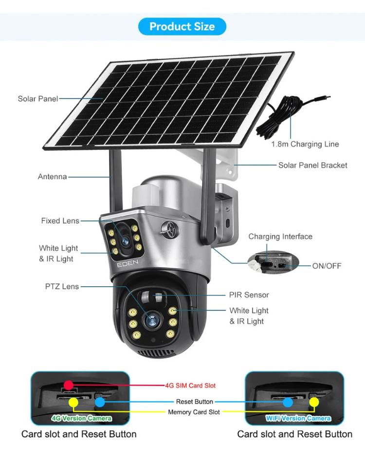 NEO EDEN TECH 4G / WiFi Solar Camera Dual Lenses Outdoor 8MP 4K Low Power Battery IP Camera PIR Night Vision V380 Pro CCTV Security Protection