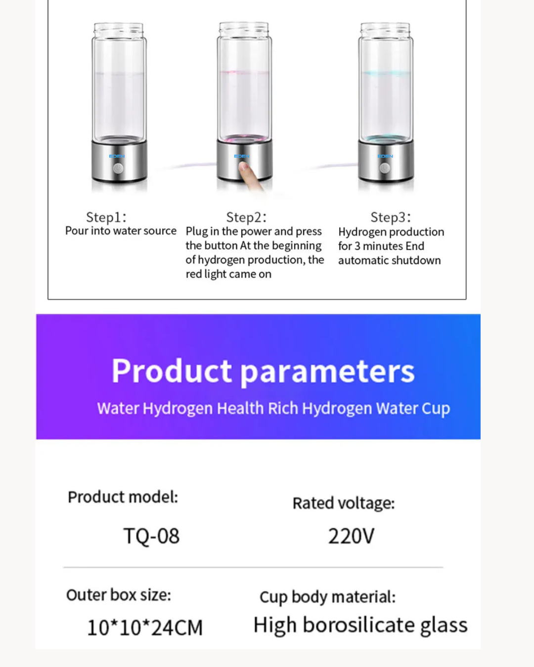 NEO EDEN TECH Hydrogen-Rich Water Cup Portable Electric Hydrogen Rich Water Generator Bottle Titanium Quality Filter Healthcare Water Cup USB