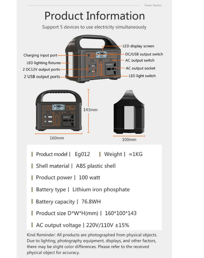 NEO EDEN TECH 76.8Wh Portable Power Station LiFePo4 Battery 100W Solar Generator Storage 220V/110V Power Bank  For Camping Travel
