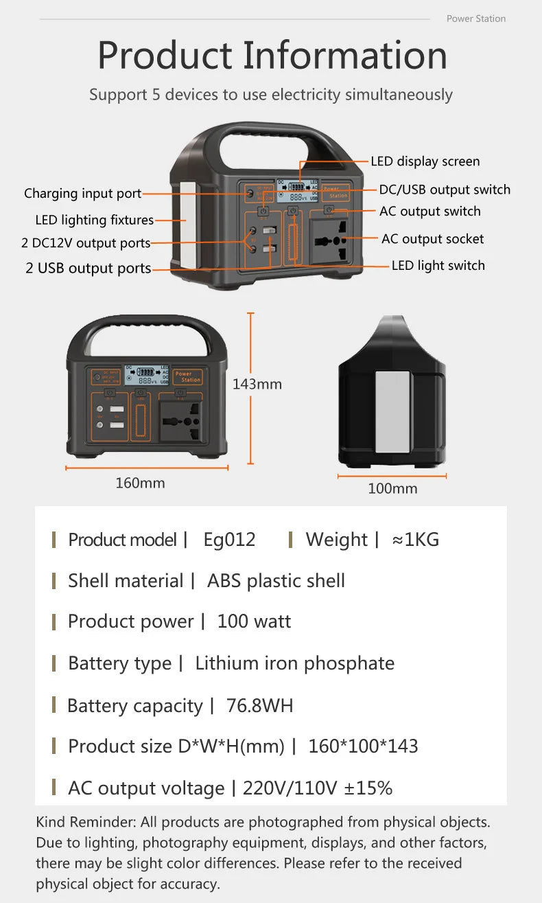 NEO EDEN TECH 76.8Wh Portable Power Station LiFePo4 Battery 100W Solar Generator Storage 220V/110V Power Bank  For Camping Travel